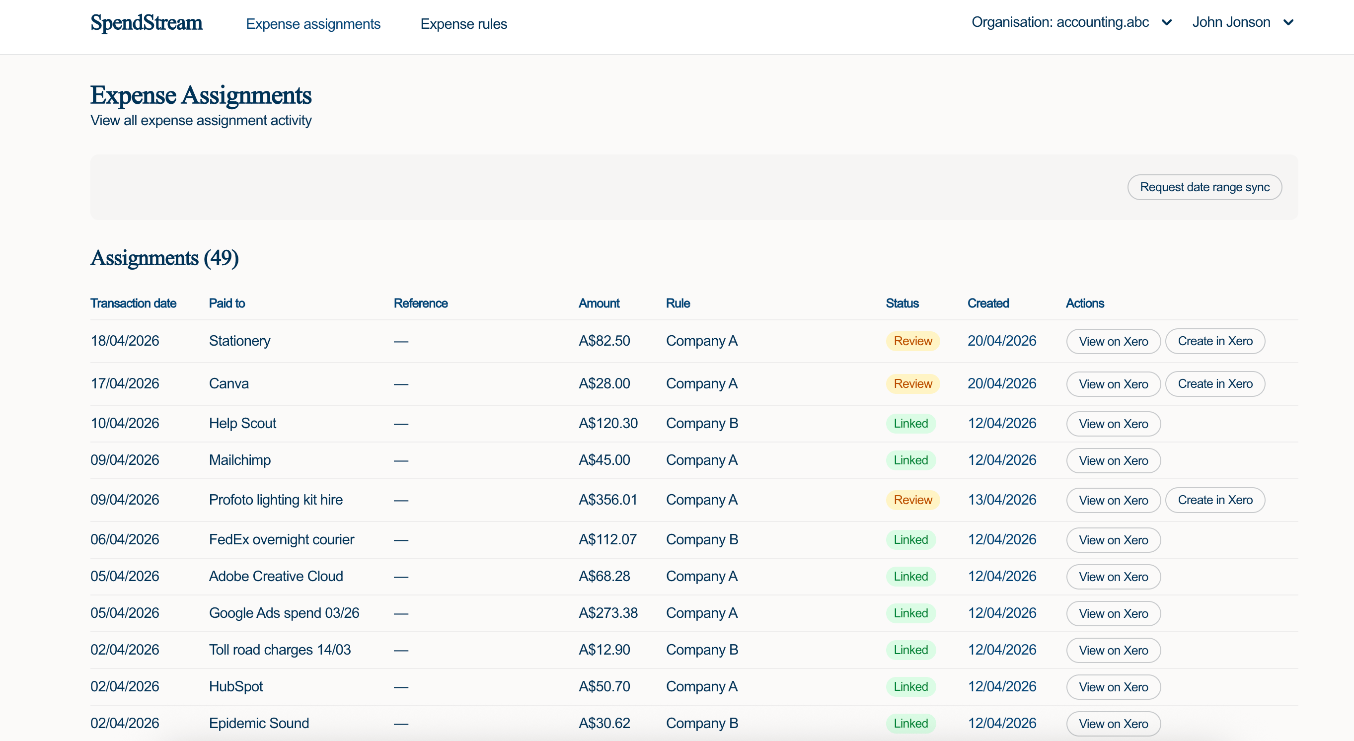 SpendStream Expense Assignments page showing bank transactions automatically assigned to clients and projects.